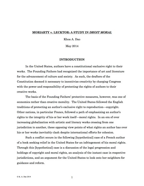 Moriarty v Lector - A Study in Droit Moral